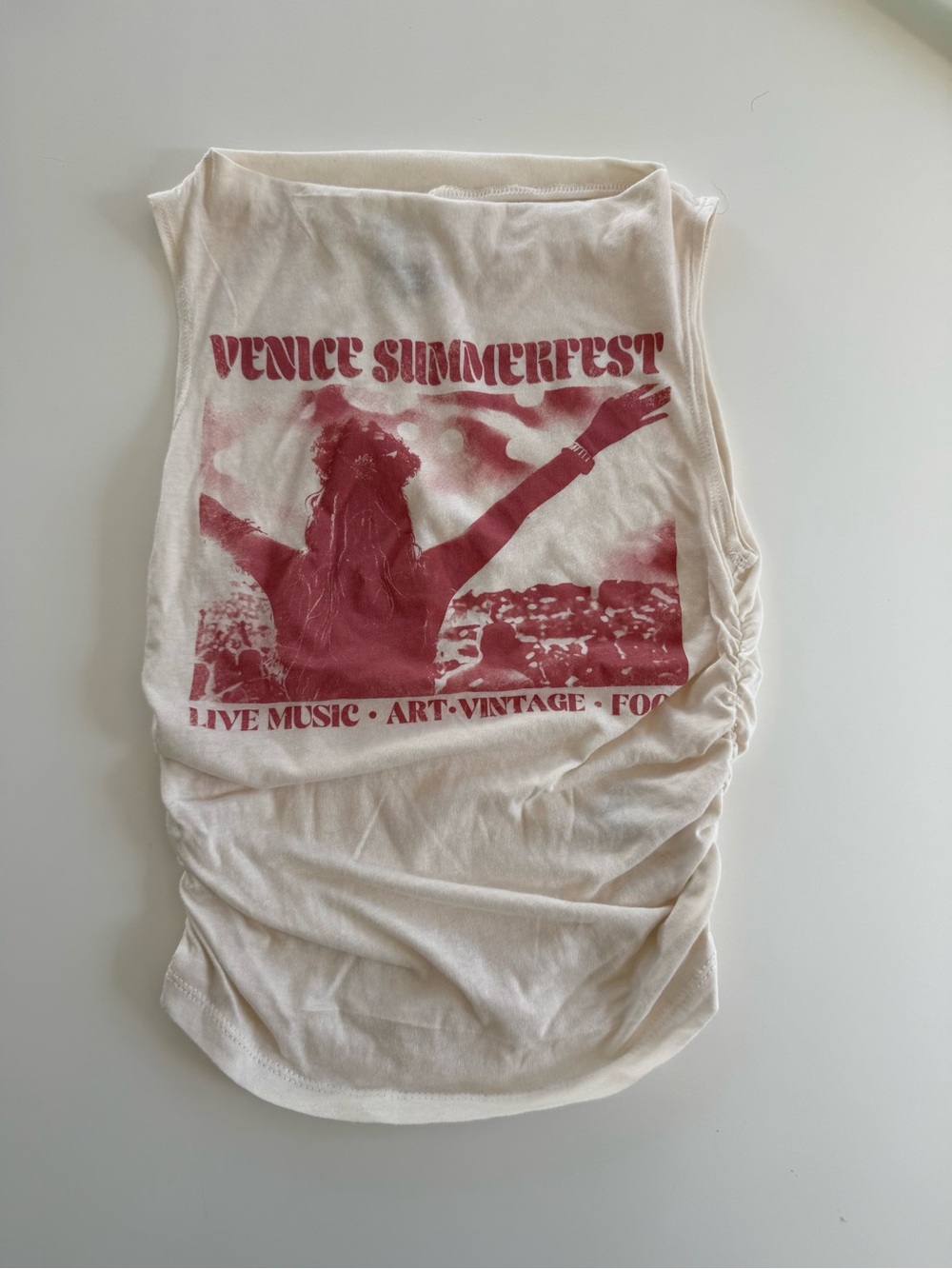 Wild Fable Muscle Tank Womens XXS Ivory “Venice Summerfest” Graphic Ruched Sides